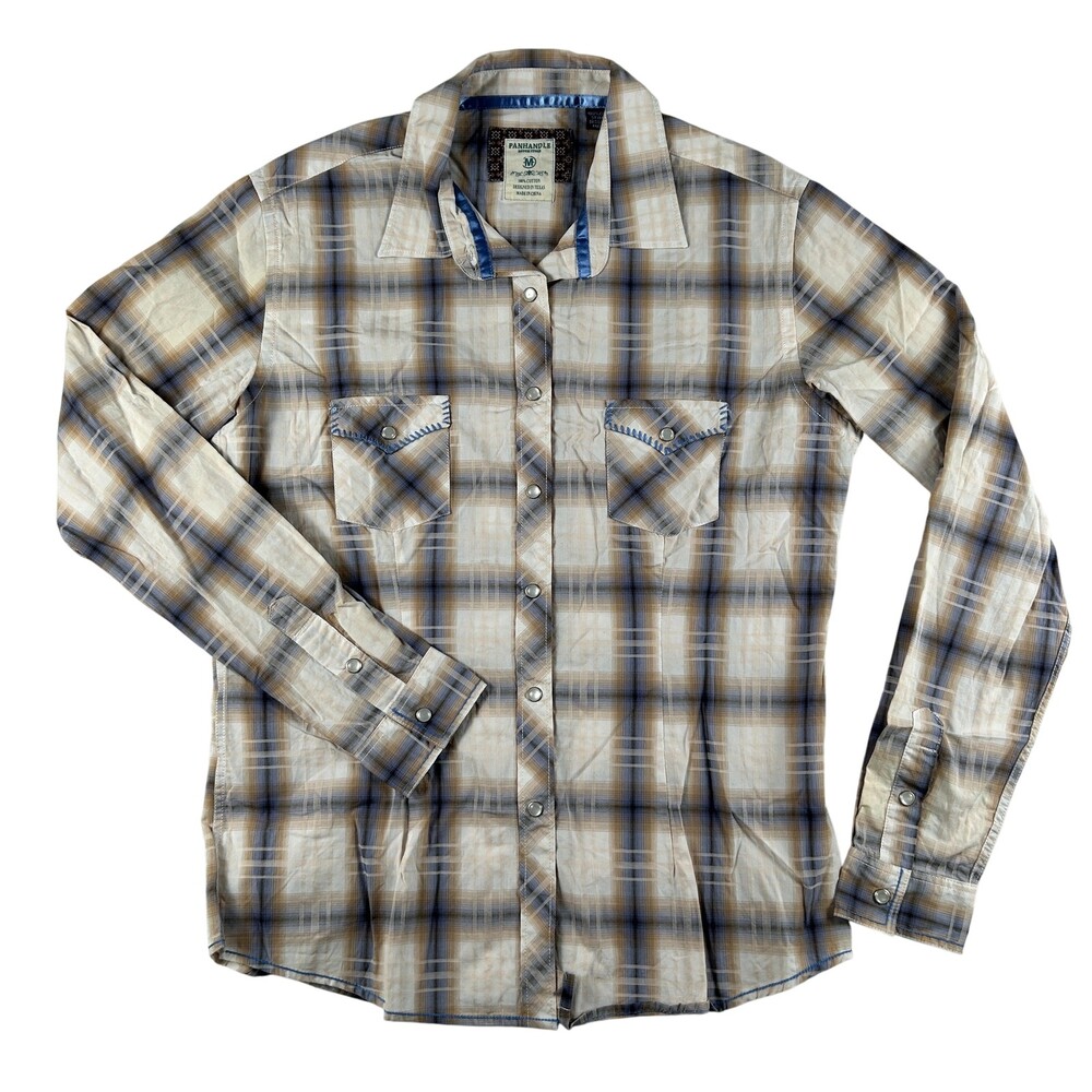 Panhandle Shirt Womens Medium Beige Plaid Pearl Snap Western Long Sleeve Cowgirl